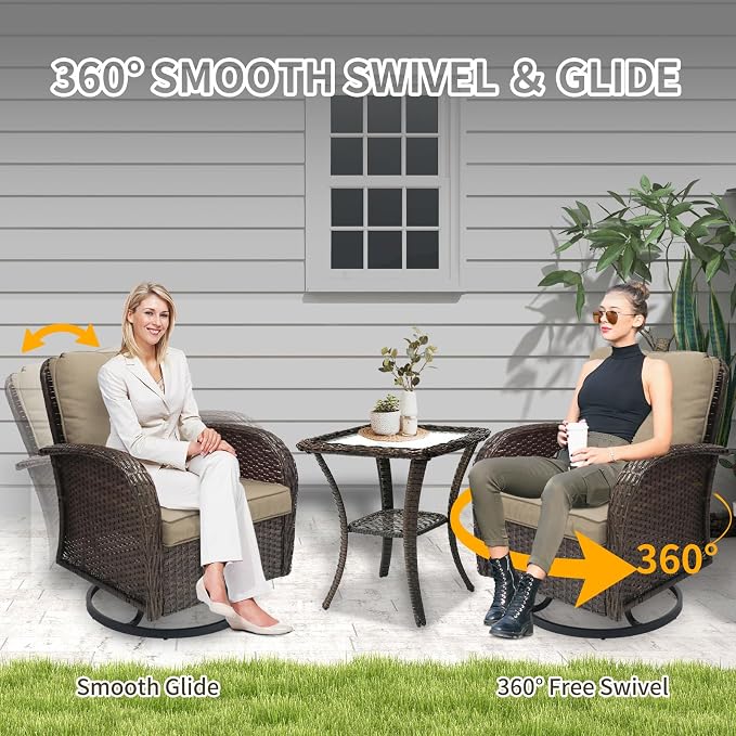 SHGJ&SOFT 3 Piece Patio Furniture Set, 2 Outdoor Swivel Rocking Chairs with Side Table, Wicker Glider Chairs, All-Weather Rattan Bistro Set for Porch, Deck, Pool (Brown, Brown Full-Weave Rattan)