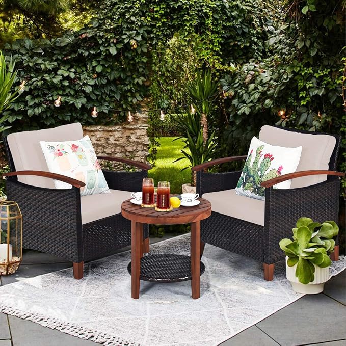COSTWAY 3PCS Patio Rattan Furniture Set, Outdoor Solid Wood Frame Cushion Sofa with Round Table for Garden Porch Backyard Poolside (Beige)