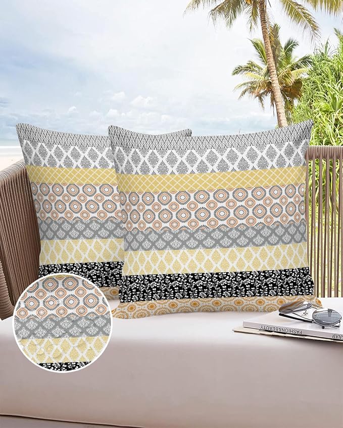 Outdoor Waterproof Throw Pillow Covers Set of 2 Yellow Boho Stripe Tribal Vingtage Lumbar Pillowcases 24x24 Inches Bohemian Style Decorative Pillows Cushion Case Patio Pillows for Couch Bed Garden