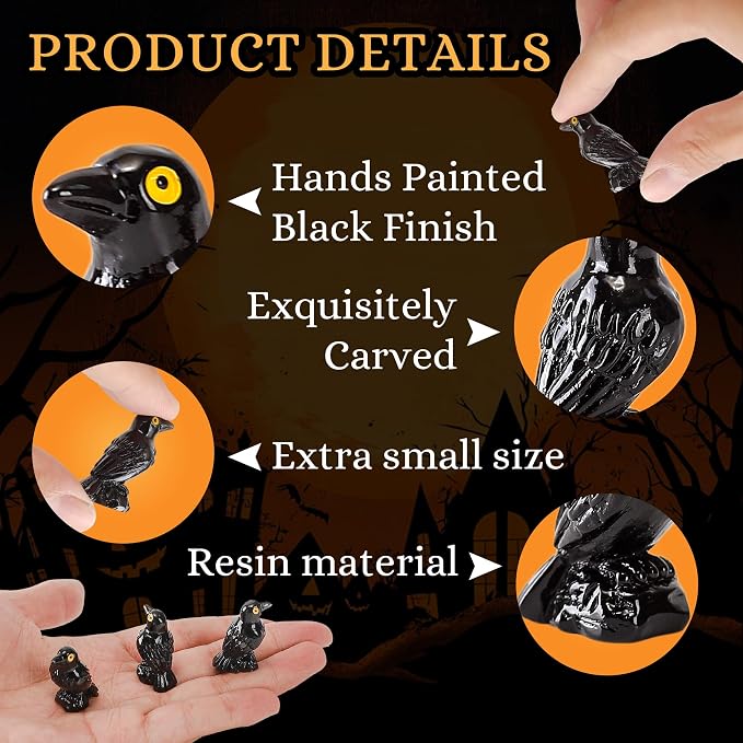 60 Pcs Miniature Resin Crows Black Raven Figurines Spooky Halloween Decor Tiny Animals for Terrariums & DIY Crafts
