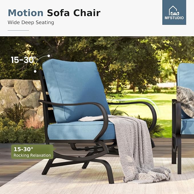 MFSTUDIO 8 Pieces Patio Furniture Sets with 45" Gas Fire Pit Table(Up to 9 Seat), Outdoor Metal Conversation Sofas with 1 x 3-Seat Sofa, 2 Single Chairs, 2 Rocking Chairs and 2 Ottoman, Navy Cushion