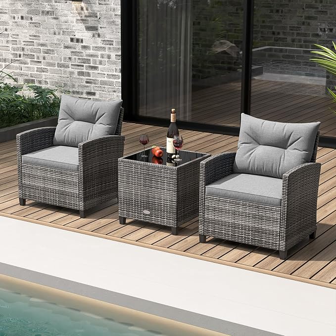 KOTEK 3 Piece Patio Furniture Set, Outdoor PE Rattan Conversation Set with Washable Cushions & Tempered Glass Tabletop, Wicker Chairs and Table Set for Porch, Garden, Balcony (Grey)
