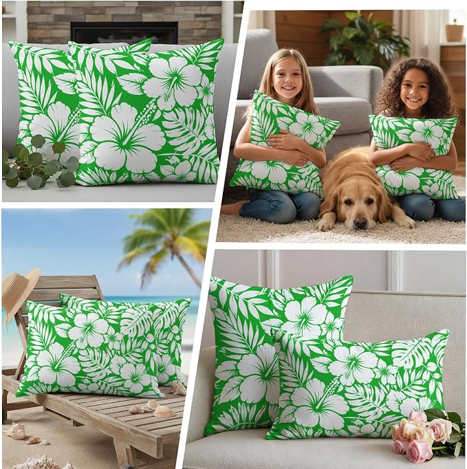 Green Hibiscus Flowers Waterproof Outdoor Pillow Covers Set of 2 Home Decor, Tropical Monstera Leaves Pillowcase Patio Pillow Covers for Couch Bench Patio Furniture Garden 18x18in