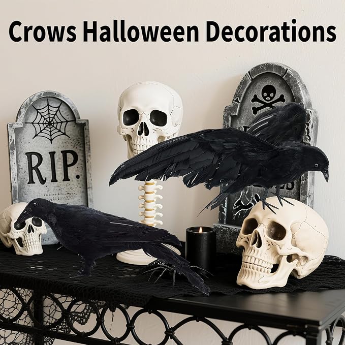 Black Fake Crows Halloween Decorations, 2 Pcs Large Realistic Feather Crows | Fake Crow Decor for Halloween Decor Birds, Plastic Stuffed Crow Prop Decoration Outdoor Indoor Tree Fence, 11 Inch