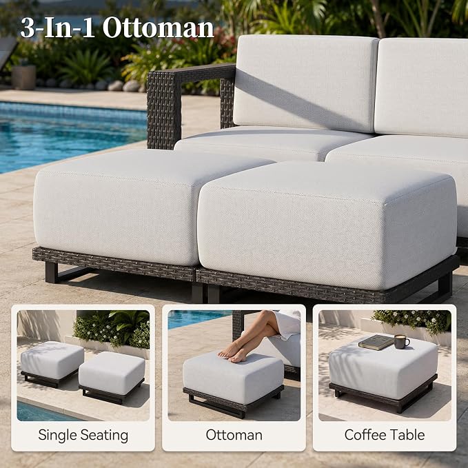 LazySunsets Patio Furniture Set, 8 Pieces Wicker Outdoor Sectional Sofa with 10'' Ultra-Thick Cushions & Ottomans, All-Weather Rattan Conversation Set for Backyard Poolside, Brown/Light Gray