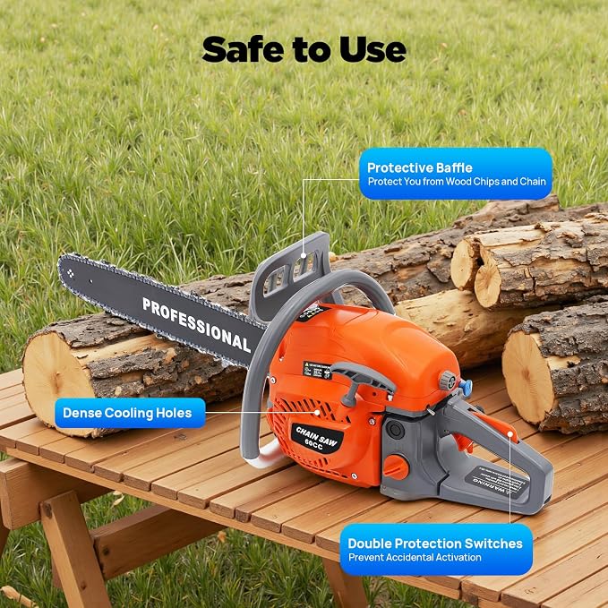 Gas Chainsaw, 22 Inch 60CC Gasoline Power Chain Saws, 2.8KW 2-Stroke Self-Reset Pull Start Top Handle Chainsaw, Portable Sawmill for Forest Harvesting, Cutting Wood, Orange