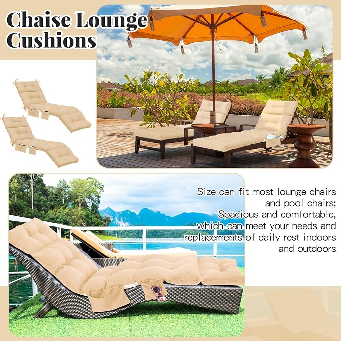 Kigley Outdoor Chaise Lounge Cushions with 3 Side Pocket 74.5 x 22 x 4.7 Inch Patio Chaise Lounge Cushion, Water-Repellent and Fade-Resistant Tufted Summer Replacement(1 Pcs,Beige,Solid Color)