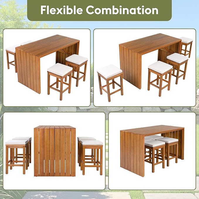 5 Piece Outdoor Bar Set, Patio Acacia Wood Bar Height Table & Four Stools with Cushions, Poolside, Backyard Furniture for Stylish Entertaining