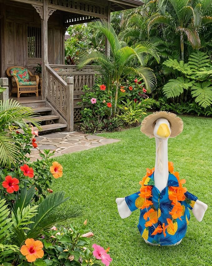 Summer Porch Goose Outfits Hawaiian Style with Straw Hat & Orange Wreath, 23" Blue Shirt Lawn Cement Goose for Spring Summer, Patio Yard Garden Geese Decoration Gift for Mom Father Grandma
