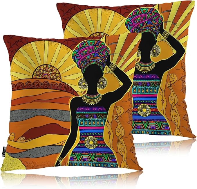 Swono African Woman Throw Pillow Cases Pack of 2, Black African Woman Square Cushion Covers Decor Pillow Covers for Couch Sofa Home Farmhouse Decoration 18 X 18 Inches Pillowcases