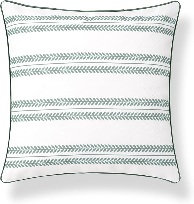 Hofdeco Premium Coastal Grandmillennial Patio Indoor Outdoor Throw Pillow Cover Only, 22"x22" Water Repellent for Backyard, Couch, Poolside, Celadon Green Print Leaf Striped