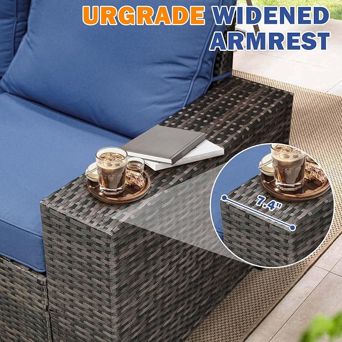 8 Pieces Patio Furniture Set, Wicker PE Rattan Outdoor Sectional with Cushion & Coffee Table, Patio Conversation Sofa for Garden, Backyard, Poolside, Navy