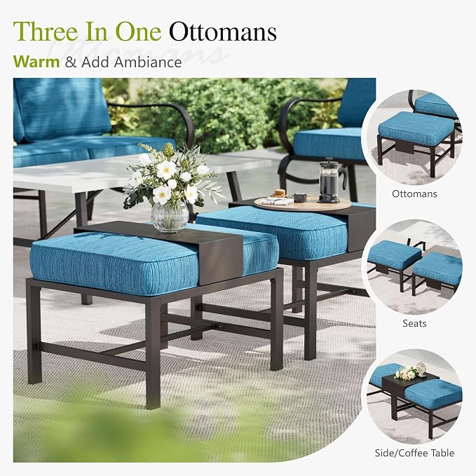 Sophia & William Patio Furniture Sets with 45" Gas Fire Pit Table for 7 Outdoor Conversation Sets 6 Pcs, 2 x Swivel Cushioned Sofa Chairs, 1x3-Seat Sofa, 2xOttomans for Backyard Poolside Peacock Blue