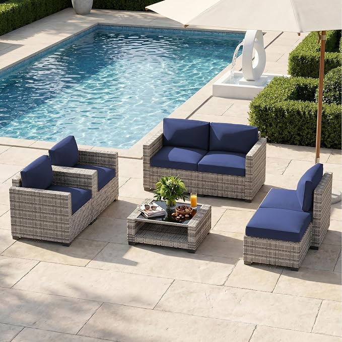 Patio Furniture Set, 7-Piece Outdoor Sectional Couch with Coffee Table & Thick Cushions, Outdoor Wicker Conversation Set for Backyard, Poolside, Garden (Grey White-Navy, 7 Piece-Double)