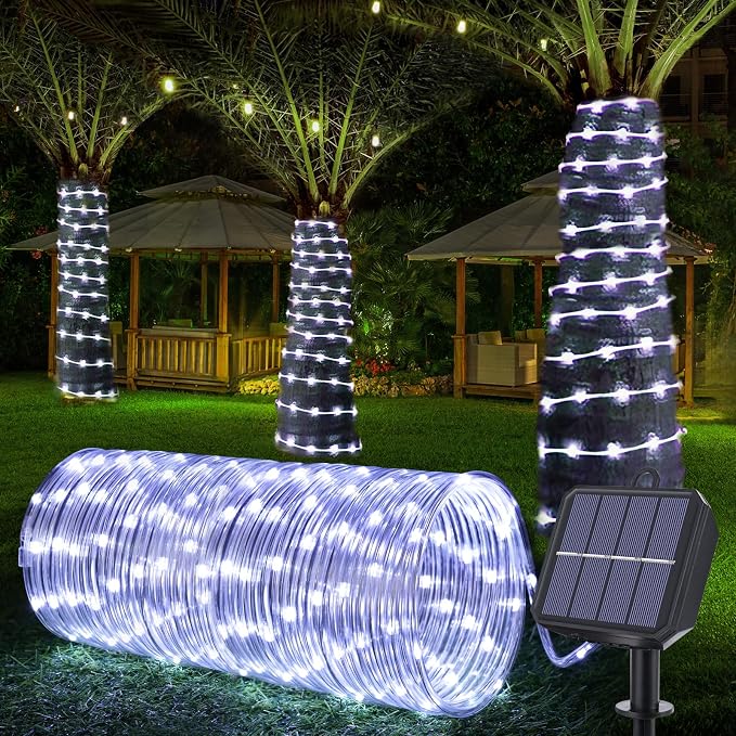 Jnaurb Solar Rope Lights, 66ft 200LED Solar String Lights, 8 Modes Waterproof Solar Outdoor Light, Flexible Clear Trampoline Light for Garden Backyard Patio Deck Porch Pool Tree Decor - White