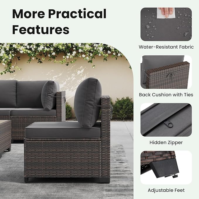 Soohow 7-Piece Patio Furniture Set, Outdoor Conversation Set, Thickened All-Weather Rattan Sectional Sofa with Tempered Glass Table for Garden, Porch, Backyard - Grey Cushions