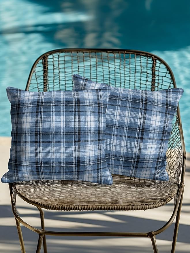 Waterproof Outdoor Pillow Set of 2 Blue Checked Plaid Decorative Throw Pillows Cover & Insert 18x18 Inch Pillowcase Stripes Woven Grid Square Pillows for Couch Sofa Bed Patio Furniture Indoor Outdoor