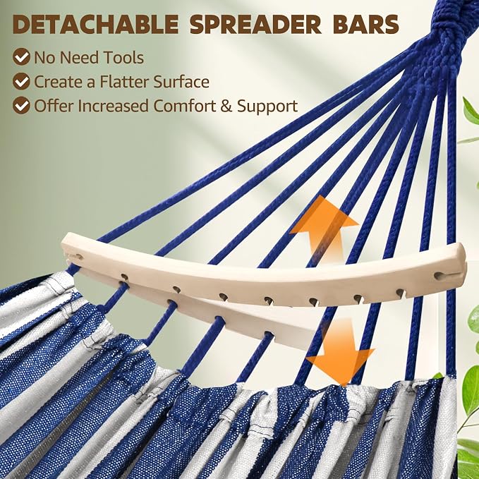Chihee Cotton Hammock Holds Up to 660lbs Fabric Hammock 8.9x4.9ft Soft Portable Tree Hammocks Camping with Detachable Spreader Bar Pillow 2 Strong Webbings 2 Carabiners Indoor Outdoor Backyard Garden