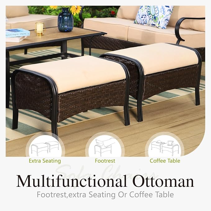 Sophia & William Patio Furniture Set, 7 Seats Metal Outdoor Conversation Set with 3-Seater Sofa, 2 Motion Chairs, 2 Ottoman, 1 Coffee Table for Seating Lawn Porch Backyard,Beige