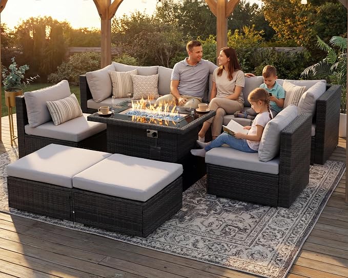 RADIATA 9 Piece Wicker Patio Furniture Set with Fire Pit, All-Weather Outdoor Sectional Couch High Back Large Size, Modular Backyard Seating Sofa Set with Propane/Natural Gas Firepit Table, Light Grey