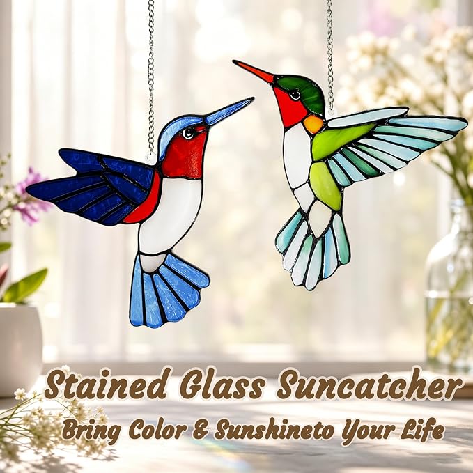 Hummingbirds Suncatcher Stained Glass, Hummingbird Suncatcher Ornament, Hummingbird Suncatcher for Grandma/Mom/Women (Green)