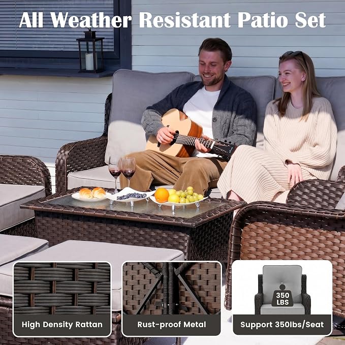 Sundale Outdoor 5 Piece Wicker Patio Furniture Set, High Back Outdoor Couch with Swivel Chairs & Coffee Table, 6" Thick Cushion Patio Conversation Sets with Deep Seating for Yard, Deck (Grey)