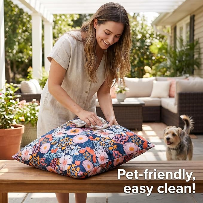 Outdoor Waterproof Pillow Covers Summer Decorative Throw Pillow Covers 20x20 Inch Floral Black Square Garden Cushion Sham Pillowcase Set of 2 Outside Decor for Patio Tent Garden Sofa Pillow Cases