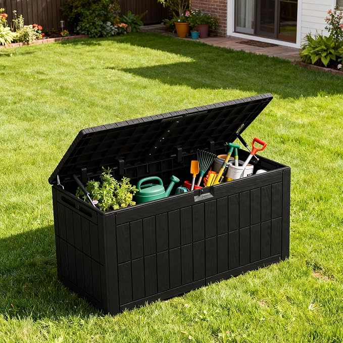 100 Gallon Outdoor Storage Box, Water proof Resins Deck Box with Lockable Lid, U V Resistants for Patio Furniture Garden Tools Pool Supplies 122x61x54cm / 48x24x21.26in (100 Gallon)