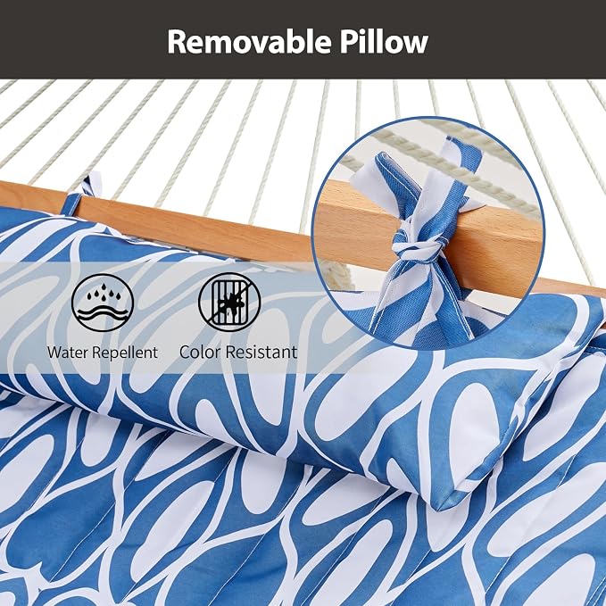 CHULIM Outdoor Double Hammock with Hardwood Spreader Bars, Large Rope Hammock with Polyester Pad and Pillow, 475 LBS Capacity for 2 Person Patio Backyard Poolside - Blue Printing