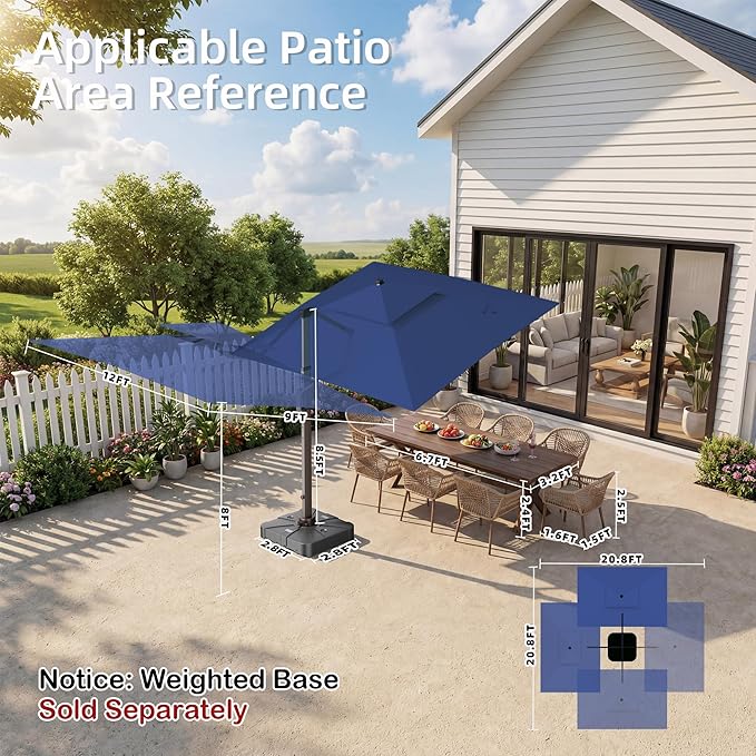9' X 12' Patio Umbrella with LED Lights Outdoor Cantilever Large Rectangle Offset Umbrellas Heavy Duty Aluminum Double Top with 360-degree Rotation for Pool Garden Deck, Navy