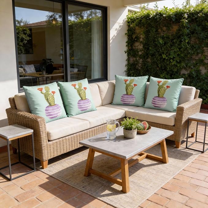 Volans 18" x 18" Outdoor Throw Pillows with Inserts, Water Resistant Decorative Lumbar Pillows for Backyard, Bed, Couch, and Patio Furniture, 4 Pcs, Cactus