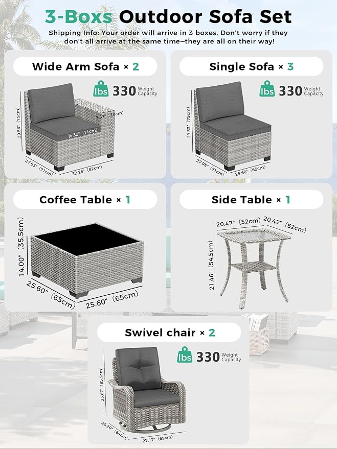 10 Piece Outdoor Wicker Patio Set with Swivel Chairs & Fire Pit Table, 7-Seats with 4" Thickened Cushions & Coffee Table, All-Weather PE Rattan for Garden, Backyard, Charcoal Gray