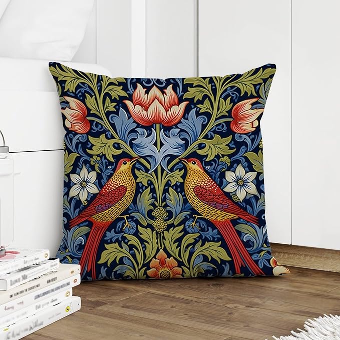 Cushion Cases Red Bird Floral Flower Pillowcase Modern Chinoiserie Asian Botanical Pillow Cover Accent Outdoor Garden Decoration for Patio Garden Sofa Chairs 18x18 in