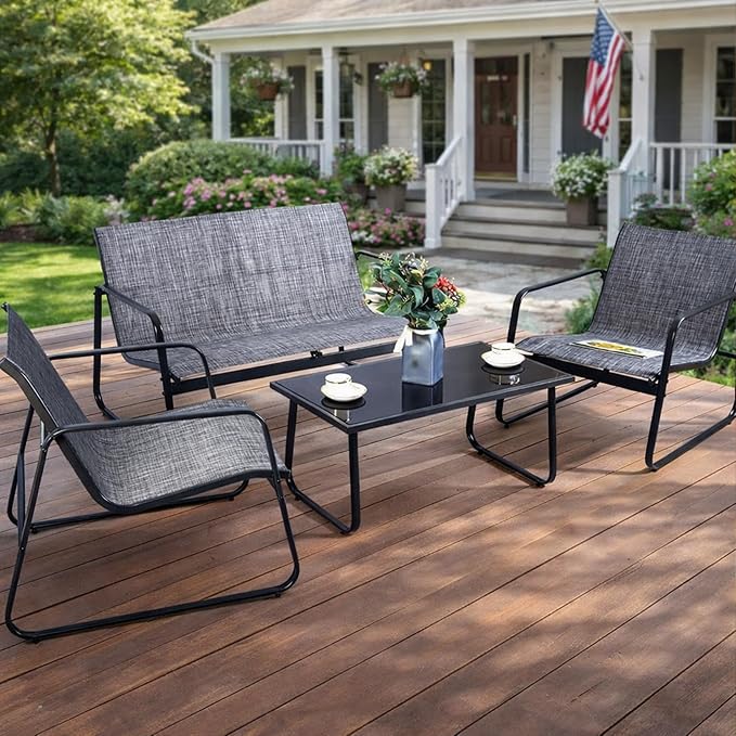 Kozyard Sofia 4-Piece Patio Conversation Set, Outdoor Furniture Set with Loveseat, 2 Chairs & Table, Breathable Textilene Seating, Powder-Coated Metal Frame, All-Weather for Balcony Backyard Gray