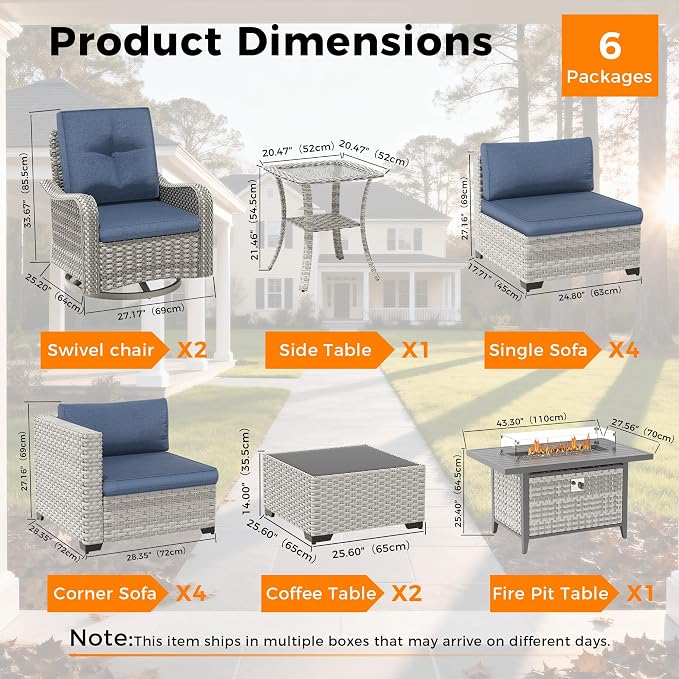 10-Seat Outdoor Wicker Patio Furniture Set with Fire Pit Table, Modular Rattan Sectional Sofa & 2 Swivel Rocking Chairs, 4" Thick Cushions, Rust-Resistant Frame,Navy