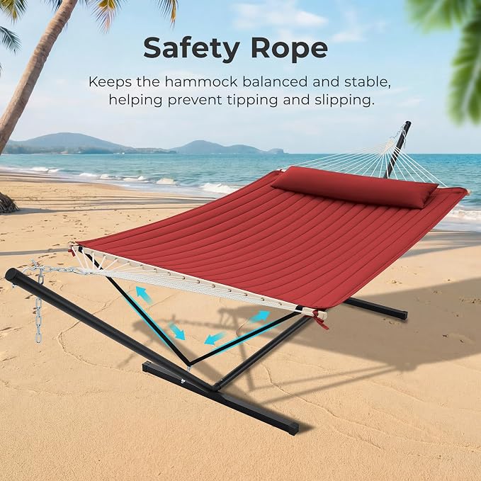 SUPERJARE 12ft Double Hammock with Stand, Rope Hammock for 2 Person, Detachable Hammock Bed and Pillow, Portable, Anti-Tip Safety Ropes, Carry Bag, Outdoor Backyard Patio Camping, Burgundy