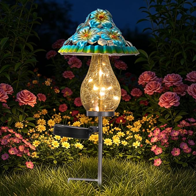 LOVERUIS Fairy Garden Accessories Mushroom Garden Decor for Outside with Cracked Ball Waterproof Metal Stake Outdoor Yard Patio Decor, Gifts for Women, Mom, Grandma