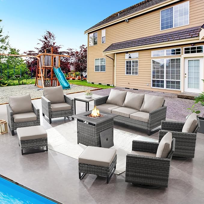 Belord Patio Furniture Set with Fire Pit Table: 9 Pieces Wicker Oversize Patio Conversation Set with Outdoor Swivel Glider Rocker Rattan Couch Ottomans, Anti-Rust Frame, Removable Cushion Beige