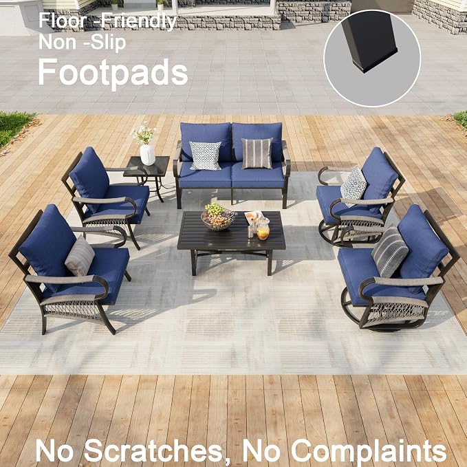 7 Pieces Modern Patio Furniture Set, All Weather Metal Outdoor Conversation Sets with 5.1" Extra Thick Cushion for Backyard Garden Deck Porch Poolside, Blue