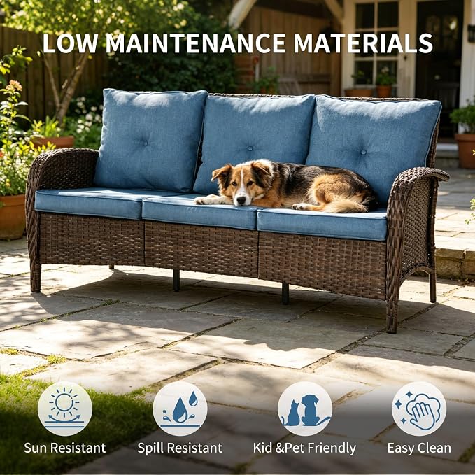 SHGJ&SOFT All Weather Patio Furniture Set, High Back Swivel Rocker Glider Chairs，Ottomans & Glass Tables, Outdoor Conversation Set for Deck Porch Yard Poolside (Blue, 7PCS-Sofa&Chairs&Ottomans&Table)