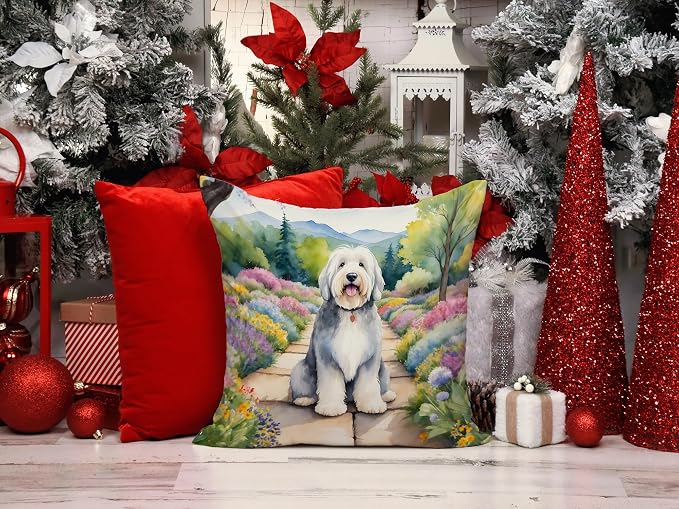 Caroline's Treasures Old English Sheepdog Spring Path Throw Pillow Machine Washable, Indoor Outdoor Decorative Pillow for Couch, Bed or Patio, 14Hx14W