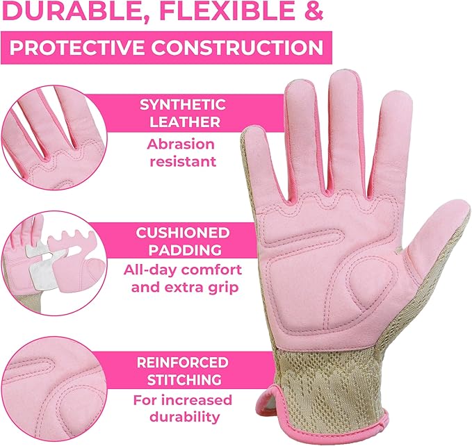 HANDLANDY Gardening Gloves for Women, Leather Garden Glove, Gardener Gift | Breathable Floral Ladies Leather Garden Yard Gloves, for Trimming, Weeding, Digging, Planting, Pruning