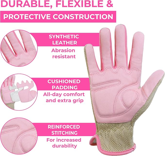 HANDLANDY Gardening Gloves for Women, Leather Garden Glove, Gardener Gift | Breathable Floral Ladies Leather Garden Yard Gloves, for Trimming, Weeding, Digging, Planting, Pruning