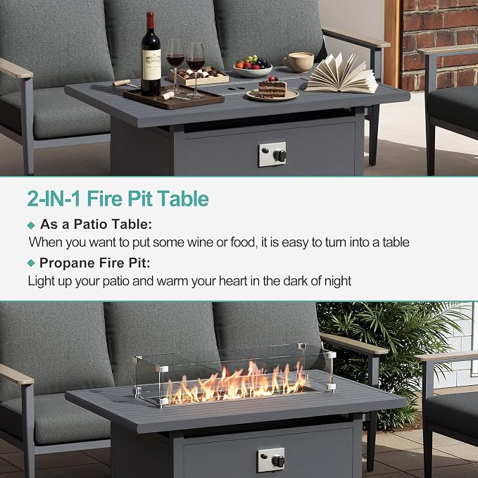 Aluminum Outdoor Patio Furniture Set with Swivel Rocking Chairs 5-Piece, Patio Sectional Sofa Patio Conversation Set with 55,000 BTU Fire Pit Table High Backrest & Thickened Cushions, Dark Grey