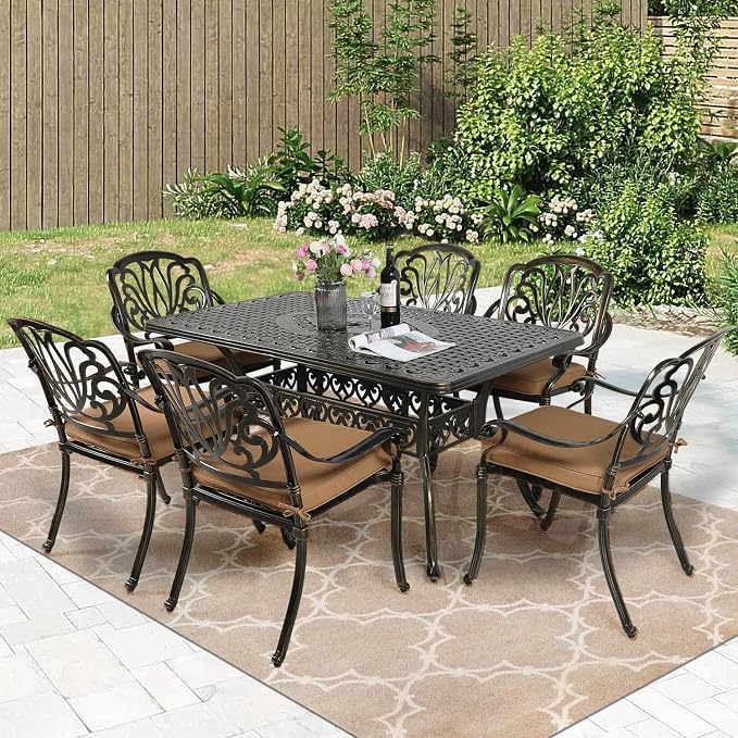 MEETWARM 7-Piece Outdoor Patio Dining Set, All-Weather Cast Aluminum Patio Conversation Set for Backyard Garden Deck with 6 Cushioned Chairs, 1 Rectangular Table, 2" Umbrella Hole, Dark Bronze
