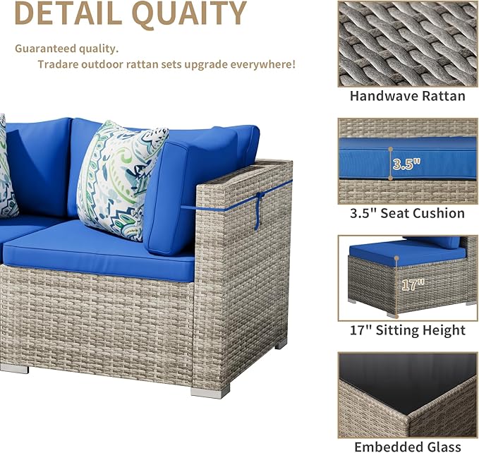 Tradare 7 Piece Patio Furniture Set, Outdoor Wicker Patio Sofa Set, PE Rattan Sectional Couch with Glass Table and Blue Cushions, All-Weather 7 Piece Outdoor Patio Furniture Sets, Grey