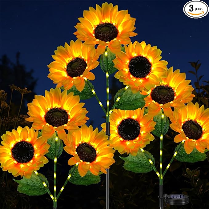 Solar Sunflowers Outdoor Waterproof, 3 Pack Solar Flowers Stake Lights with 9 Big Realistic LED Sunflower for Yard, Garden, Cemetery Grave, Lawn, Flower Pot, Fall Outside Decorations (Sunflowers)