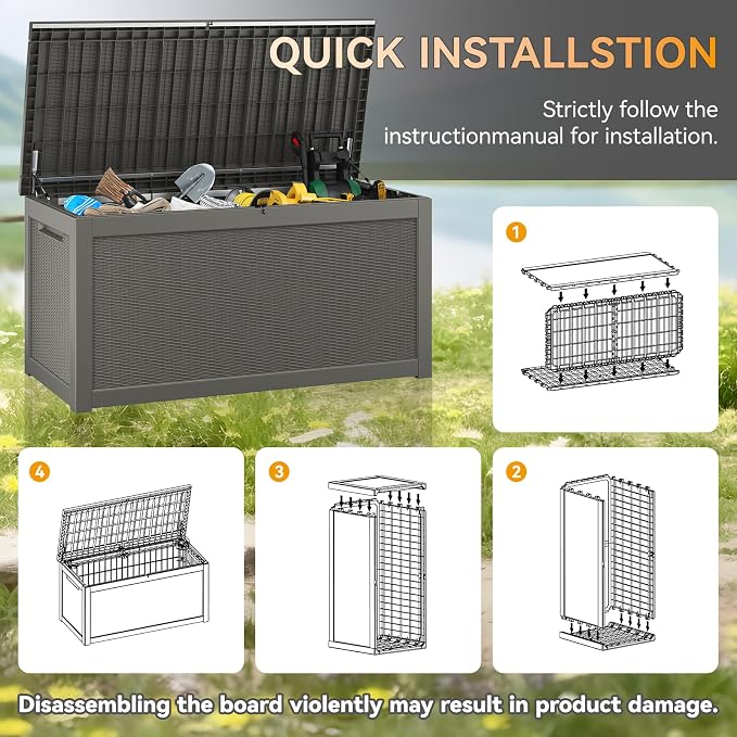 KAMABOKO 280 Gallon Outdoor Storage Box, Resin Deck Boxes Indoor and outdoor, Waterproof Storage Box Lockable Lid for Garden Tools, Package Delivery, Patio Cushions, Grey