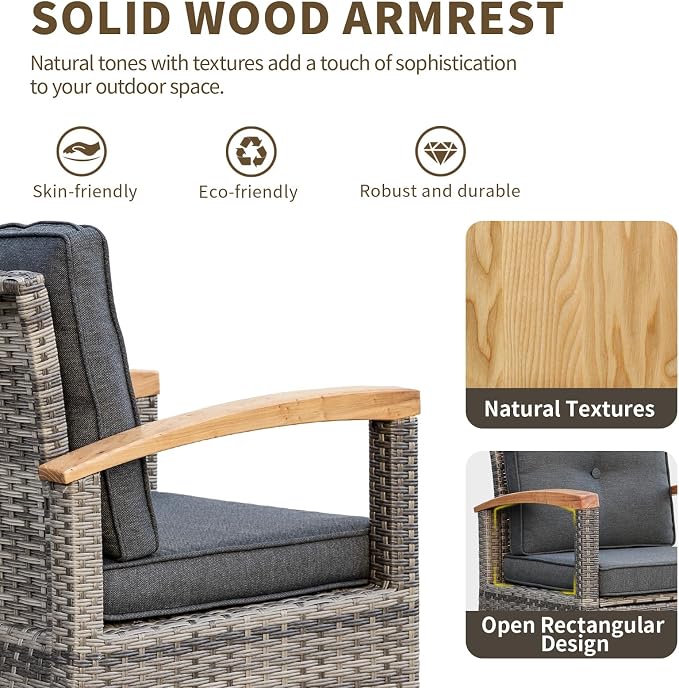 MEISSALIVVE 9 Pieces Outdoor Patio Furniture Sets,PE Wicker Patio Conversation Sets with 4 Wood Armrests Swivel Rocker Chairs，2 Ottoman and Coffee Table(Grey)