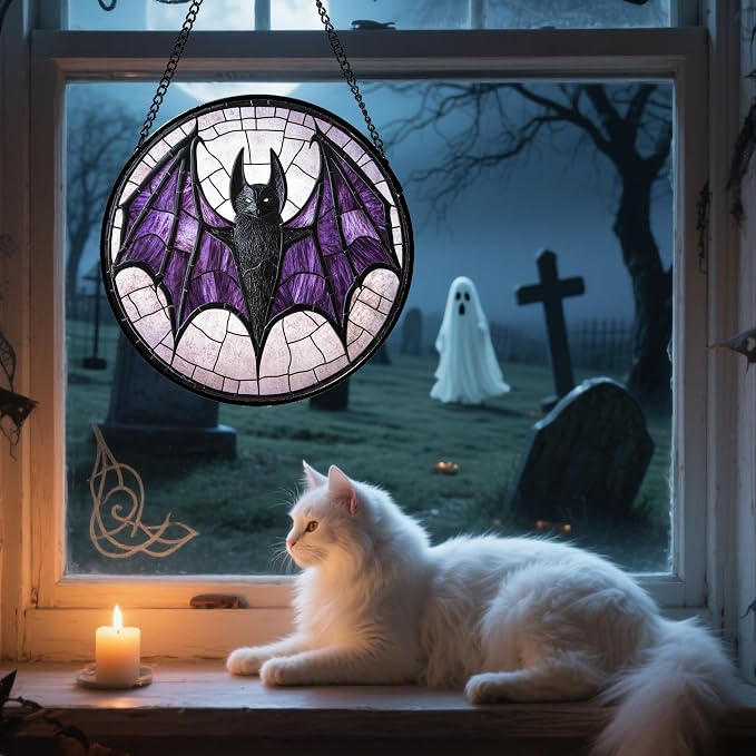 Stained Glass Window Hanging - Halloween Black Bat Purple Wings Monster Suncatcher for Doors Garden Home Spooky Sun Catchers Gothic Decor Horror Gift for Women Men Friend Boy Girl 7.8 in